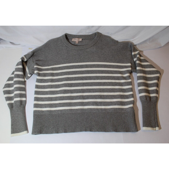 Philosophy Gray White Striped Knit Sweater Women's XL Crewneck Ribbed Ham Cuffs - Picture 2 of 10
